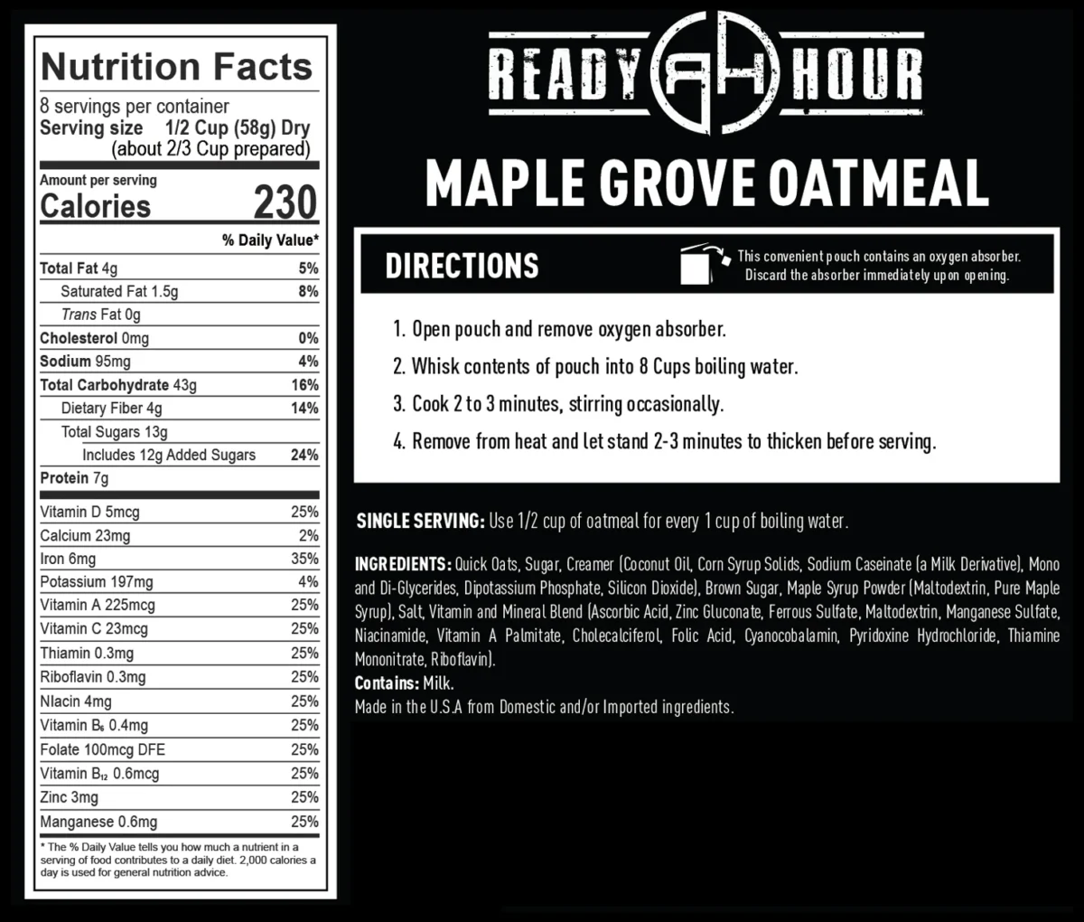 Ready Hour Maple Grove Oatmeal - Nutrition Facts